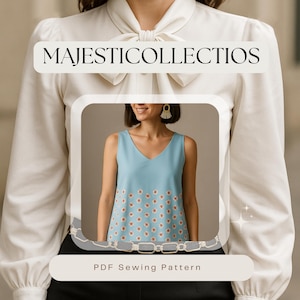 May include: A light blue V-neck top with a floral pattern. The image features the text "MAJESTICCOLLECTIOS" and "PDF Sewing Pattern". The top is part of a sewing pattern design.