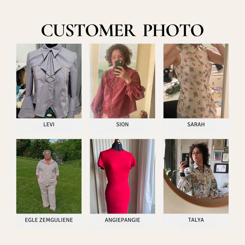 May include: Customer photo collage featuring six different outfits. The outfits include a gray blouse with bell sleeves, a red blouse, a floral print top, a beige pantsuit, a red dress, and a floral print shirt. The text "CUSTOMER PHOTO" is at the top.