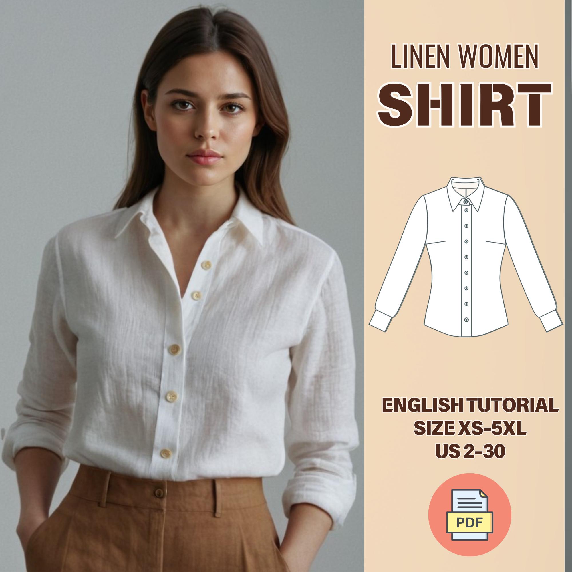 Linen Shirt Sewing Pattern for Women, Long Sleeve Button up Blouse PDF ...