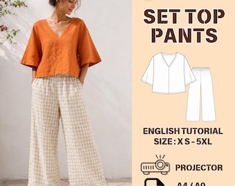 Puede incluir: Un patrón de costura para un conjunto de top y pantalones. El top es naranja con cuello en V y mangas anchas. Los pantalones son de cuadros beige y blancos con corte ancho. El texto incluye SEWING PATTERN, SET TOP PANTS, ENGLISH TUTORIAL, SIZE: XS-5XL, PROJECTOR, PDF, A4/A0 y US LETTER.