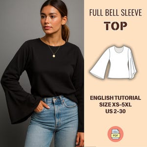 Modèle de haut à manches cloche, haut simple sans couture, modèle de chemisier à manches évasées à téléchargement instantané PDF, taille US 2-30, cadeau numérique