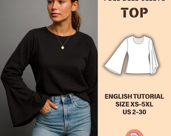 Bell Sleeve Top Pattern, Simple No Seam Top, PDF Instant Download Pattern Flared Sleeve Blouse, US Size 2-30, Digital Gift