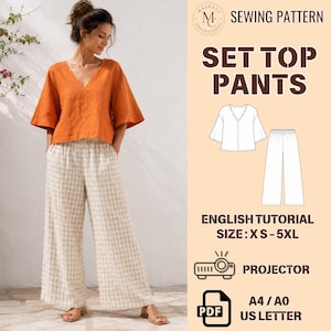 May include: A sewing pattern for a set consisting of a V-neck top with wide sleeves and wide-leg pants. The text reads SEWING PATTERN SET TOP PANTS ENGLISH TUTORIAL SIZE XS-5XL PROJECTOR A4 A0 US LETTER. The top is orange and the pants are beige gingham.