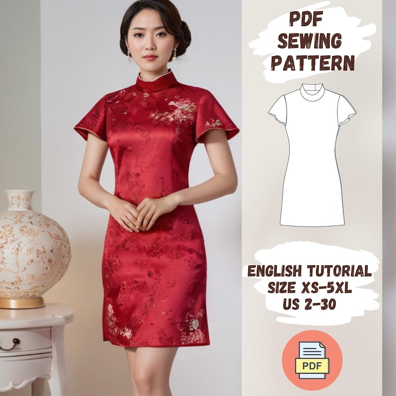 May include: PDF sewing pattern for a red cheongsam dress with short sleeves and a mandarin collar. The pattern includes an English tutorial and is available in sizes XS-5XL (US 2-30).