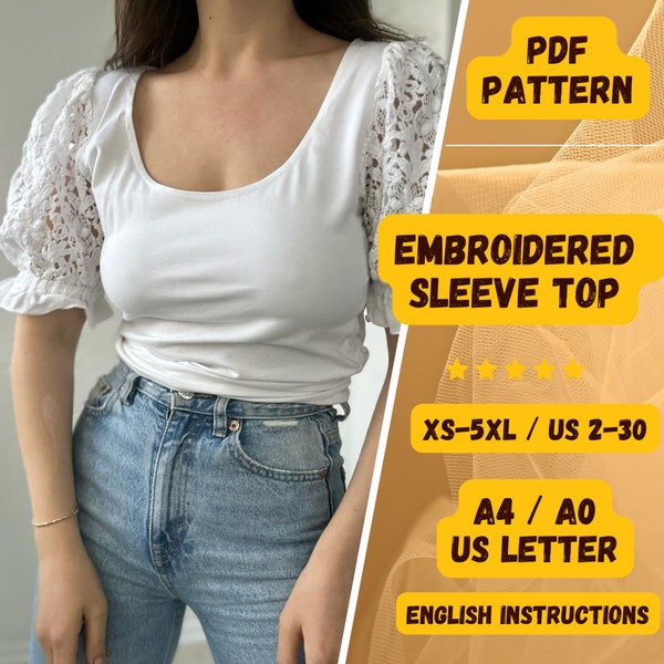 Women Flared Sleeve Top, PDF Sewing Pattern, Embroidered Sleeve, Scoop Neck Top, Summer White Top, XS-5XL