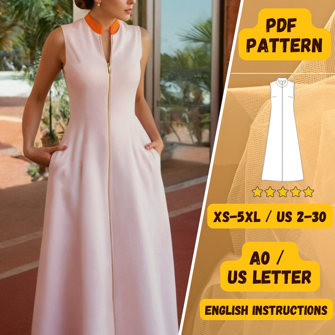コードエー　code a front zip desigin dress Sleeveless Zip Front Dress Sewing Pattern PDF, Mandarin