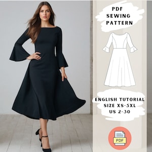 May include: A PDF sewing pattern for a black midi dress with bell sleeves. The pattern includes an English tutorial and is available in sizes XS-5XL (US 2-30).
