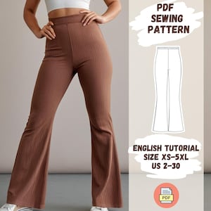 フレア レッグ パンツの縫製パターン | 伸縮性ウエスト | PDF パンツの縫製パターン | ワイド レッグ パンツ | ズボンのパターン | XS-5XL