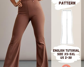 Flare Leg Pants Sewing Pattern | Elastic Waist |  PDF Pants Sewing pattern | Wide leg pants | Trousers pattern | XS-5XL