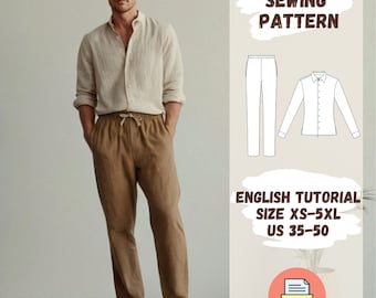 Men&#39;s Linen Shirt and Pants Set Sewing Pattern | Relaxed Fit Linen Set PDF | Minimalist Casual Summer Outfit | Drawstring Pants Pattern
