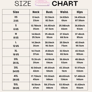 May include: Size chart for clothing with measurements in inches and centimeters. The chart includes sizes XS to 5XL, with corresponding neck, bust, waist, and hip measurements.
