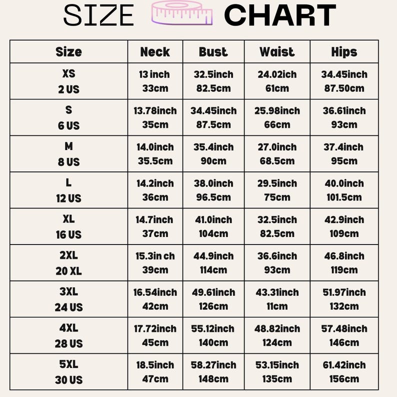May include: Size chart for clothing with measurements in inches and centimeters. The chart includes sizes XS to 5XL, with corresponding neck, bust, waist, and hip measurements.