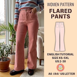 May include: Pink corduroy flared pants with front pockets. The image includes the text "WOMEN PATTERN FLARED PANTS" and "ENGLISH TUTORIAL SIZE XS-5XL US 2-30". The pants are worn with a striped sweater and dark shoes. A PDF pattern is also shown.
