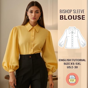 May include: A yellow bishop sleeve blouse with a button-up front and a collared neckline. The blouse is shown on a model wearing black pants. The text "Bishop Sleeve Blouse" and "English Tutorial Size XS-5XL US 2-30" is displayed on the image. A PDF icon is also shown.
