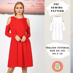 Op de afbeelding: Een felrode jurk met lange mouwen en koude schouder uitsparingen. De afbeelding bevat ook een PDF-naaipatroon met de tekst "PDF Sewing Pattern" en "English Tutorial Size XS-5XL US 2-30".