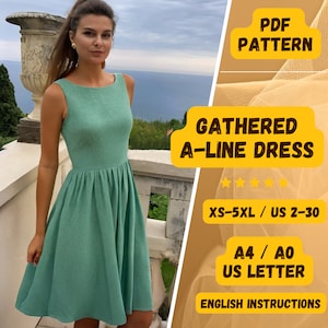 Simple Sewing Dress, Boat Neck Dress, Sleeveless Dress, Gathered Skirt, PDF Sewing Pattern, XS-5XL US Size