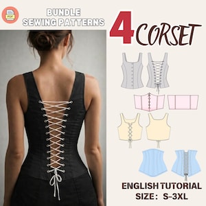 Conjunto de 4 Moldes para Costura de Corset: Cinto, Corset Abaixo do Busto, Corset Superior, Renascentista, Vitoriano, Casamento
