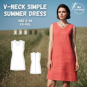 Könnte beinhalten: Ein Schnittmuster für ein einfaches V-Ausschnitt-Sommerkleid. Das Schnittmuster beinhaltet zwei verschiedene Stile, einen mit Knopfleiste und einen ohne. Das Schnittmuster ist in den Größen 2-30 und XS-5XL erhältlich. Das Bild zeigt auch eine Frau, die ein rotes Leinenkleid trägt.