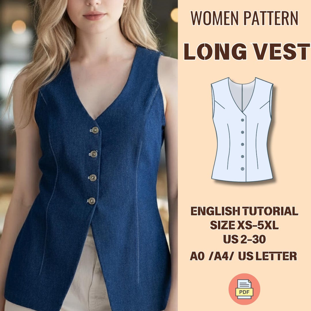 Women s Long Vest Sewing Pattern Fitted Buttoned V neck Waistcoat PDF
