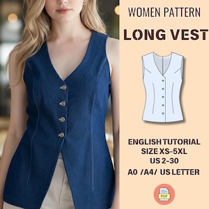 Op de afbeelding: Een lange spijkerstof vest met een V-hals en knoopsluiting. De afbeelding bevat de tekst "WOMEN PATTERN LONG VEST" en "ENGLISH TUTORIAL SIZE XS-5XL US 2-30". Er is ook een lijntekening van het vest te zien.
