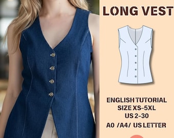 Women's Long Vest Sewing Pattern – Fitted Buttoned V-neck Waistcoat PDF, High Hips length