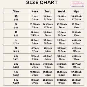 May include: Size chart for clothing with measurements in inches and centimeters. The chart includes sizes XS to 5XL, with corresponding neck, bust, waist, and hip measurements.