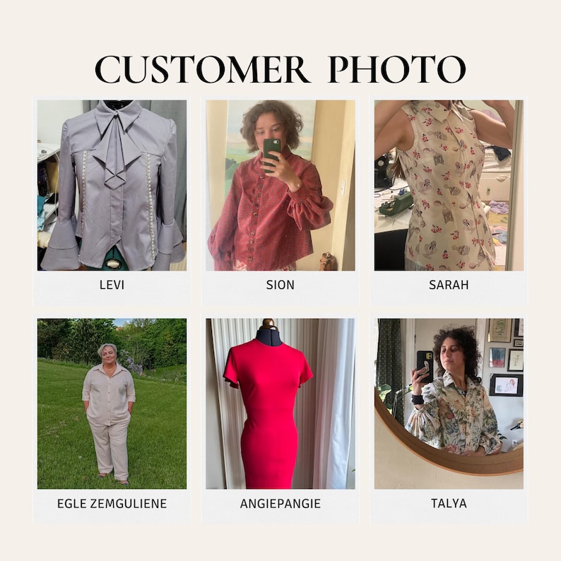 May include: Customer photo collage featuring various garments. Includes a gray blouse with bell sleeves, a red corduroy shirt, a floral print sleeveless top, a red dress, a beige pantsuit, and a floral print shirt. The text "CUSTOMER PHOTO" is at the top.