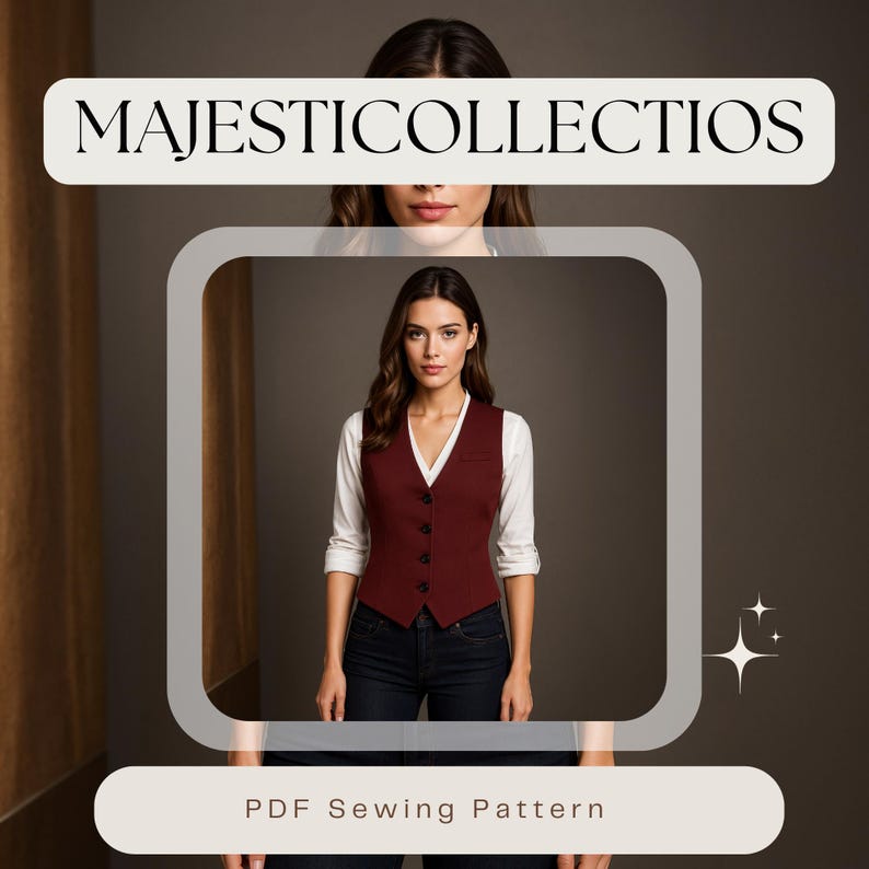 May include: A woman wearing a burgundy vest over a white blouse and dark blue jeans. The vest has a V-neck and button closure. The image includes the text "MAJESTICCOLLECTIOS" and "PDF Sewing Pattern".