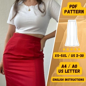 Red High Waist Maxi Skirt PDF Sewing Pattern | Slim Fit Long Skirt | DIY Fashion Sewing Project | Printable Skirt Pattern | Trumpet Skirt