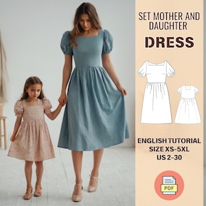 Patrón de costura para vestido de madre e hija, patrón en PDF para vestido con mangas de obispo, vestido de lino, conjunto para mamá y yo, tallas XS a 5XL, tallas 2 a 30 de EE. UU.