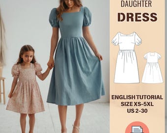 Patrón de costura para vestido de madre e hija, patrón en PDF para vestido con mangas de obispo, vestido de lino, conjunto para mamá y yo, tallas XS a 5XL, tallas 2 a 30 de EE. UU.