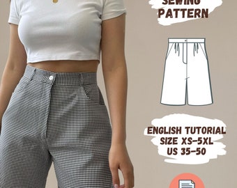 Shorts PDF Pattern Women Button Cotton Shorts Sewing Pattern Summer Casual Short Pants Pattern