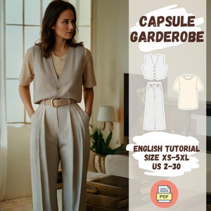 以下が含まれることがあります： ベージュのワードローブカプセルセットを着た女性。ベスト、Tシャツ、ハイウエストパンツ、お揃いのベルトが含まれています。画像には、衣類の図と「CAPSULE GARDEROBE」と「ENGLISH TUTORIAL SIZE XS-5XL US 2-30」のテキストも含まれています。