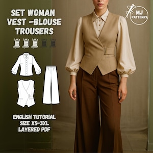 May include: A woman wearing a beige vest with a buckle, a light-colored blouse, and brown trousers. The image includes a sewing pattern with the text "SET WOMAN VEST - BLOUSE TROUSERS" and "ENGLISH TUTORIAL SIZE XS-3XL LAYERED PDF".