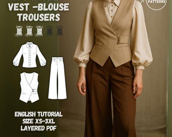 Set di cartamodelli PDF per cucito: gilet, camicetta, pantaloni a gamba larga, maniche a sbuffo, tutorial in inglese, pantaloni da donna.