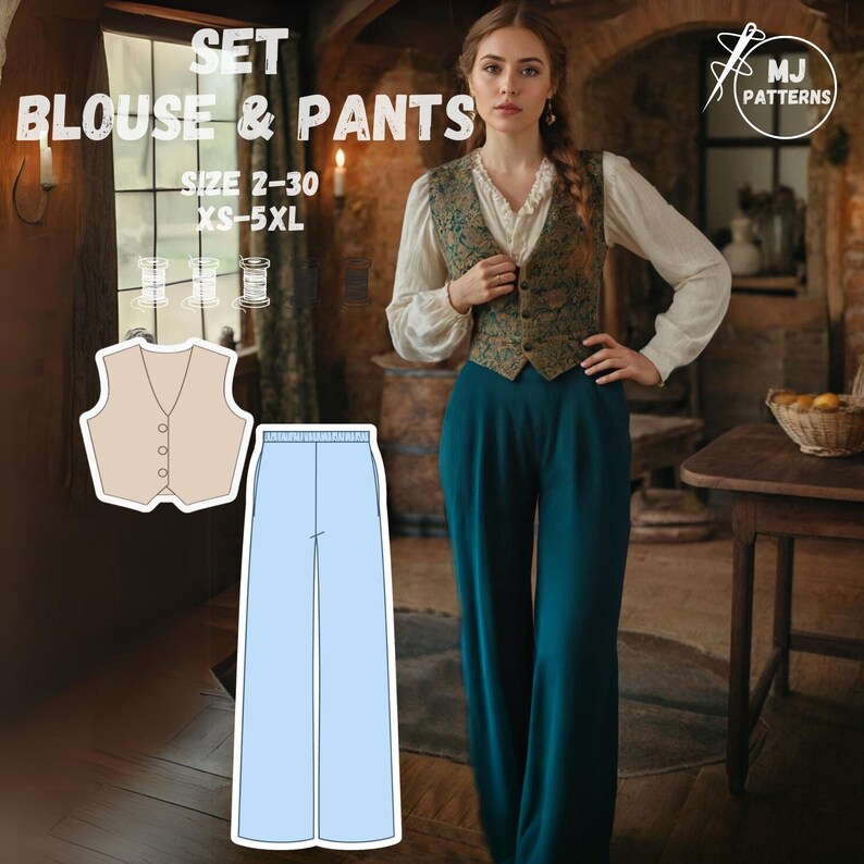 May include: A sewing pattern for a blouse and pants set. The pattern includes a beige vest, a light blue pair of pants, and the text "SET BLOUSE & PANTS SIZE 2-30 XS-5XL".