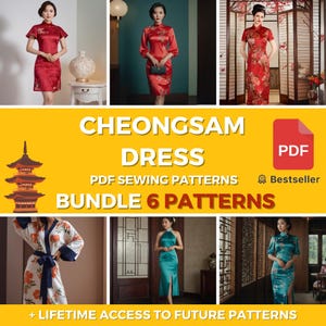 バンドル チャイナドレス PDF 縫製パターン バンドル、6 つの伝統的な中国のチャイナドレス パターン、マンダリン ネック、PDF デジタル ドレスメイキング