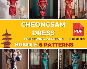May include: A digital download of six PDF sewing patterns for making cheongsams. The patterns are for a variety of styles, including a red cheongsam with short sleeves, a red cheongsam with long sleeves, a floral cheongsam, a teal cheongsam, and a green cheongsam. The listing also includes lifetime access to future patterns.