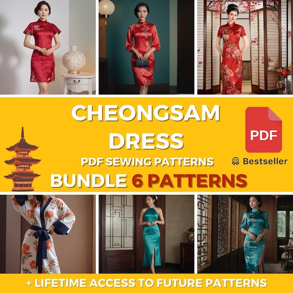 Bundle Cheongsam Dress PDF Sewing Pattern Bundle, 6 Traditional Chinese Qipao Dress Patterns, Mandarin Neck, PDF Digital Dressmaking