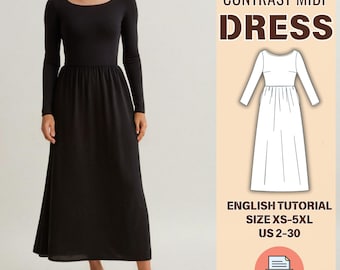 May include: A black midi dress with long sleeves and a contrasting white skirt. The dress is shown on a model and has a simple, elegant design. The image includes the text "CONTRAST MIDI DRESS" and "ENGLISH TUTORIAL SIZE XS-5XL US 2-30 PDF".