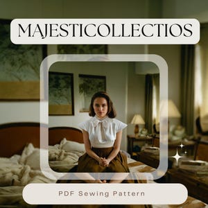 Puede incluir: Una mujer con una blusa blanca con un lazo y una falda marr&oacute;n se sienta en una cama en una habitaci&oacute;n con una gran ventana. El texto "MAJESTICCOLLECTIOS PDF Sewing Pattern" est&aacute; en la parte inferior de la imagen.