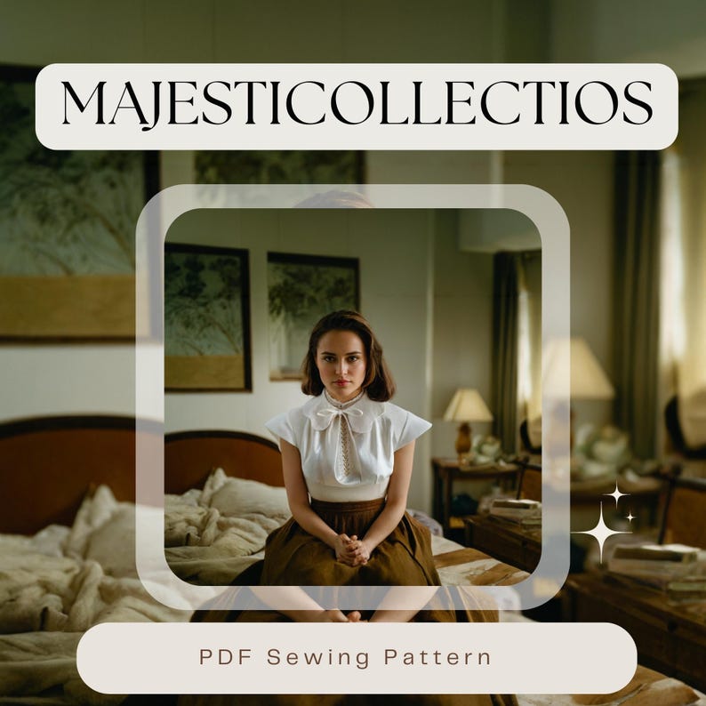 Puede incluir: Una mujer con una blusa blanca con un lazo y una falda marr&oacute;n se sienta en una cama en una habitaci&oacute;n con una gran ventana. El texto "MAJESTICCOLLECTIOS PDF Sewing Pattern" est&aacute; en la parte inferior de la imagen.