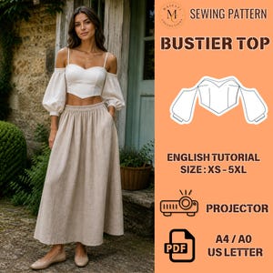 May include: A woman in a white bustier top with off-the-shoulder sleeves and a beige skirt. The image includes a sewing pattern graphic and text that reads "BUSTIER TOP", "ENGLISH TUTORIAL SIZE: XS-5XL", and "PROJECTOR".