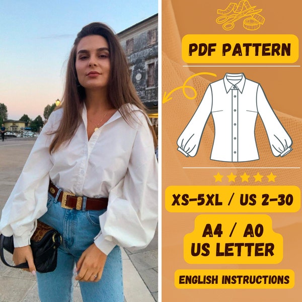 Lantern Sleeve Blouse, Sewing Pattern, Poet Shirt Pattern , PDF,  Edwardian Shirt, Instant Download Pattern, Victorian Shirt