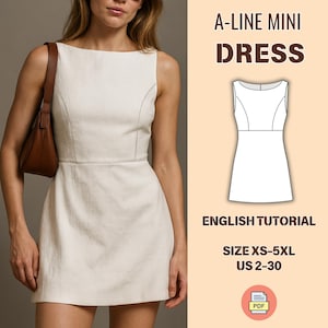 Linen A-line Mini Dress Pattern, Sleeveless Summer Dress PDF, Boat Neck , Zipper Back Closure