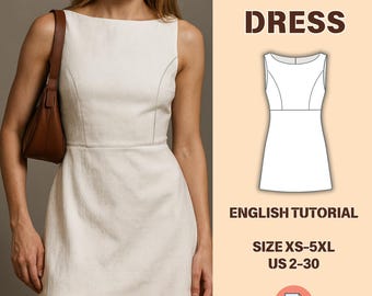 Patrón de minivestido de lino de corte A, vestido de verano sin mangas (PDF), cuello barco, cierre de cremallera en la espalda