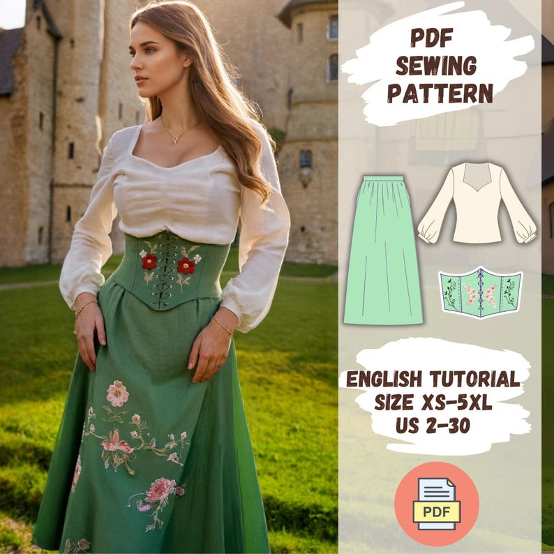 K&ouml;nnte beinhalten: Ein PDF-Schnittmuster f&uuml;r einen gr&uuml;nen Rock mit Blumenstickerei und eine wei&szlig;e Bluse mit Herz-Ausschnitt. Das Schnittmuster enth&auml;lt eine englische Anleitung und ist in den Gr&ouml;&szlig;en XS-5XL (DE 32-48) erh&auml;ltlich.