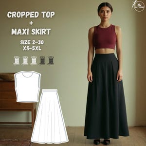 Peut inclure: Patron de couture pour un haut court et une jupe longue. Le patron comprend les tailles 2-30 et XS-5XL. L'image montre un haut court blanc et une jupe longue noire.