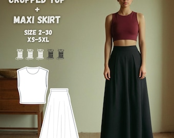 Patrón de costura de top corto y falda larga (PDF), patrón de conjunto de dos piezas, falda semicircular, proyecto de costura de oficina, tallas XS-5XL, tallas 2-30 de EE. UU.