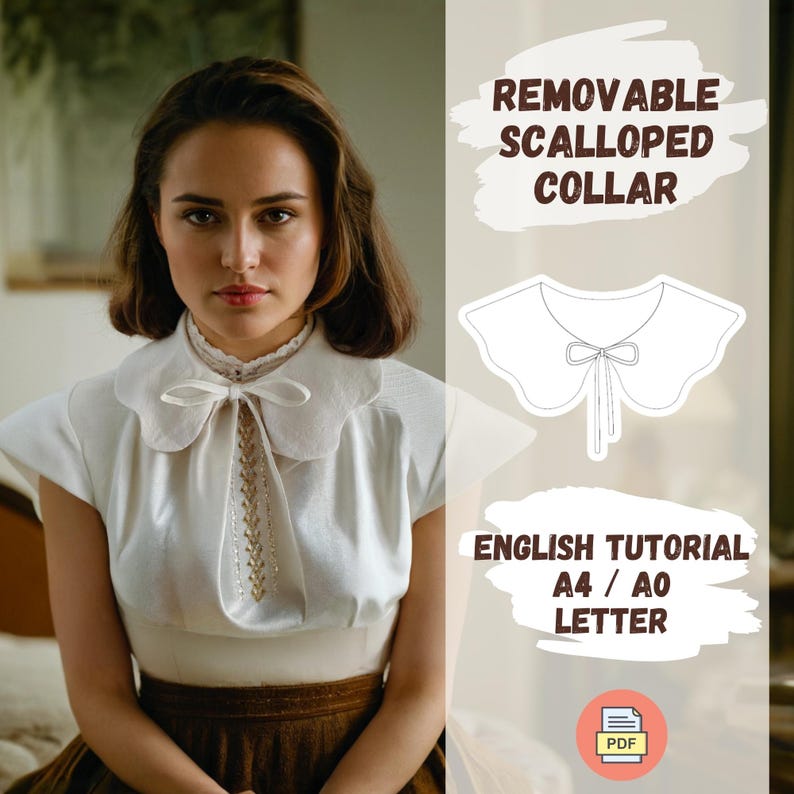 Puede incluir: Un cuello blanco extra&iacute;ble con forma de concha y un lazo. El cuello se muestra en una modelo que lleva una blusa blanca y una falda marr&oacute;n. La imagen tambi&eacute;n incluye el texto "Cuello con forma de concha extra&iacute;ble", "Tutorial en ingl&eacute;s", "A4 / A0 Carta", y "PDF".